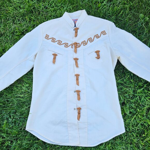 True Vintage 1970's Western  Leather Trimmed Cowboy Rodeo Button Down Shirt - Picture 3 of 8